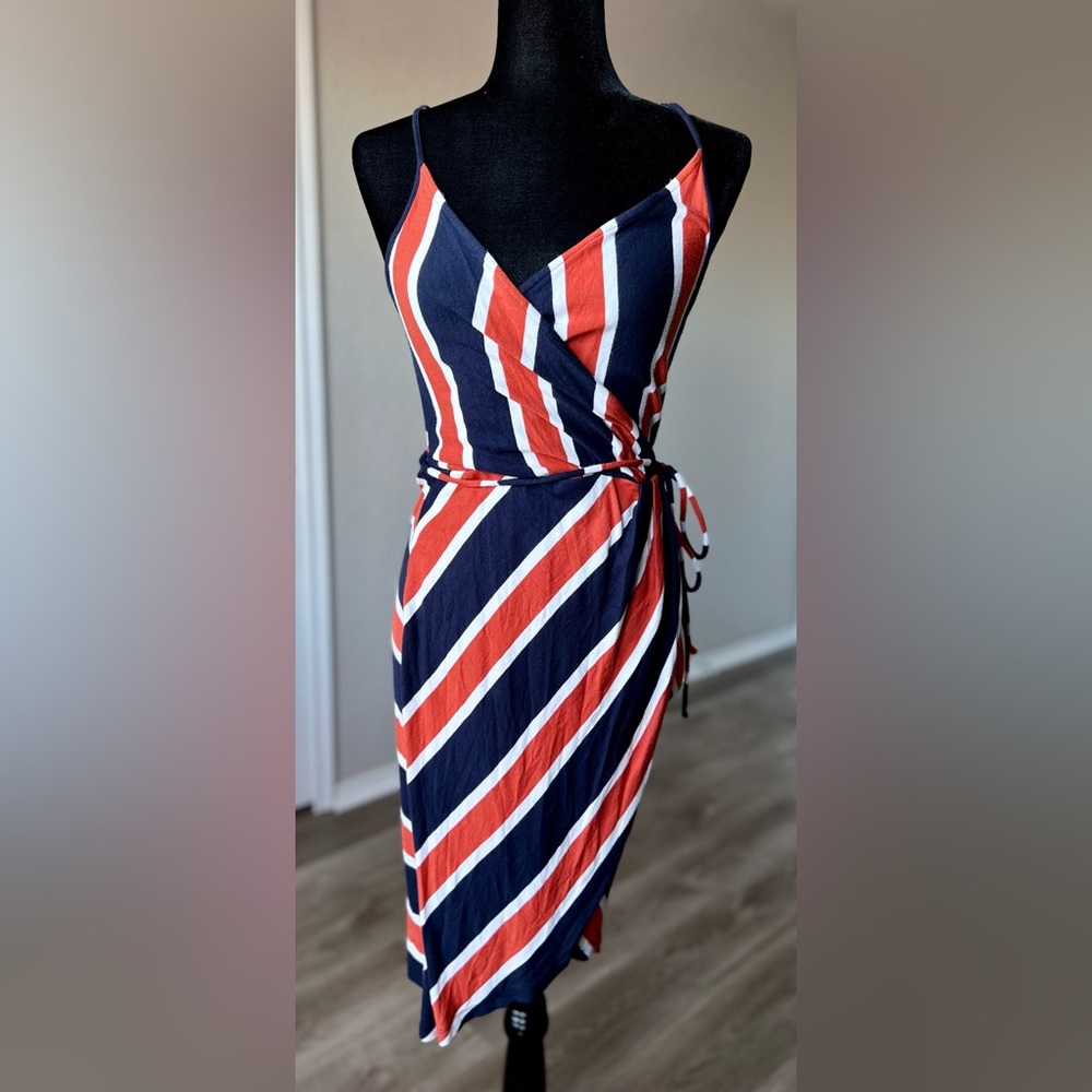 Market & Spruce Faux Wrap Striped Dress - Navy, Burnt Orange, White